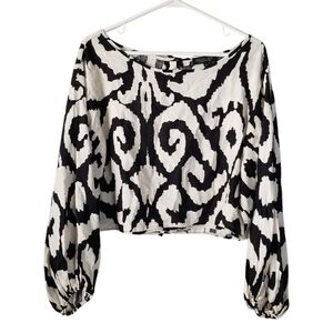Rachel Zoe Black/Cream Geometric Long Balloon Sleeve Linen Blend Blouse Size L